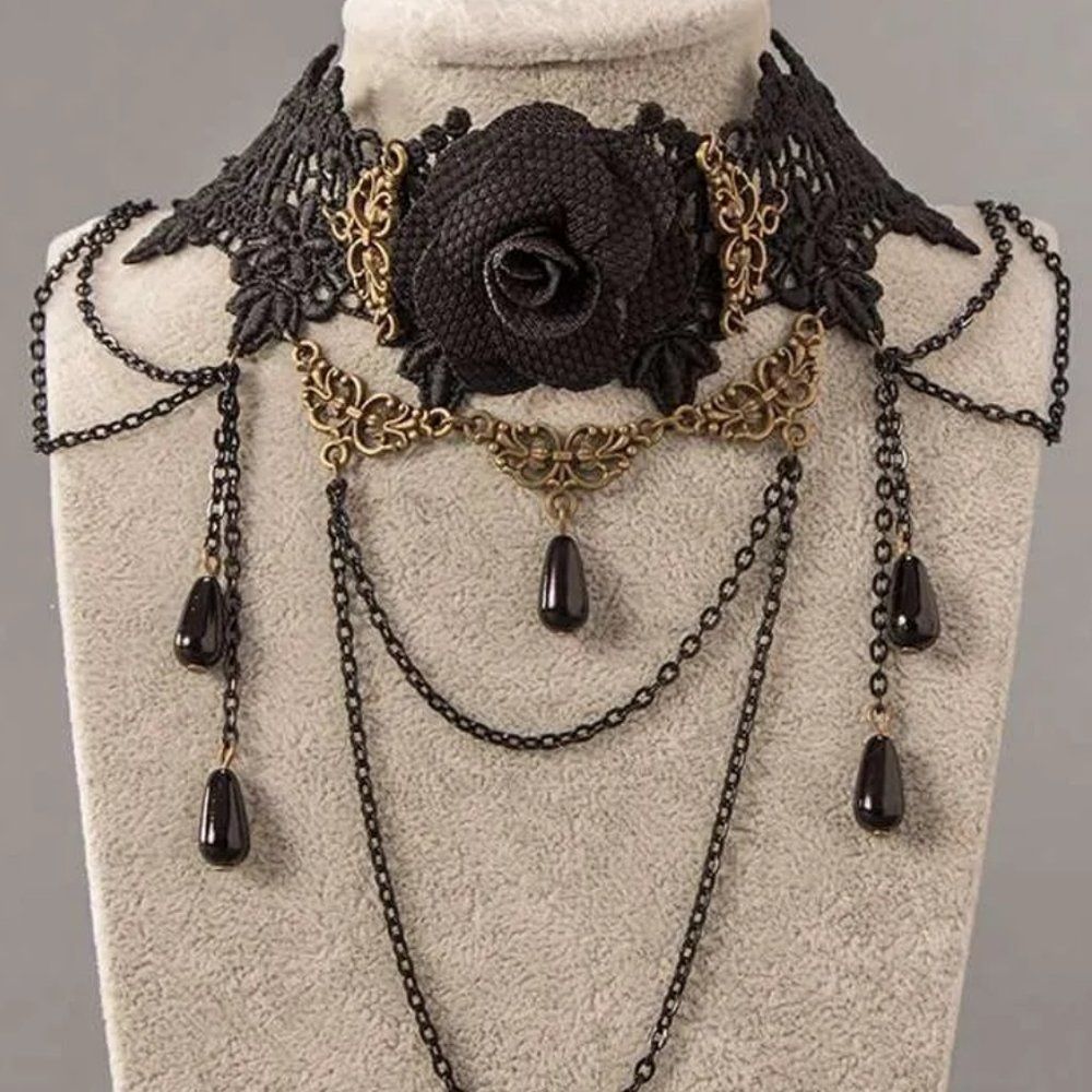 Black L'Amour Lace and Rose Choker Necklace | Handmade Retro Gothic Jewelry